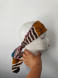 Image 2 of Head wrap with wire- reversible sari fabric-muatard and red stripes 