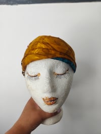 Image 4 of Head wrap with wire- reversible sari fabric-muatard and red stripes 