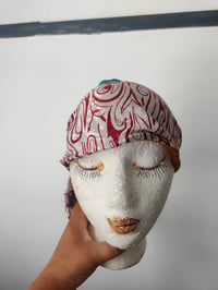 Image 5 of Head wrap with wire- reversible sari fabric-muatard and red stripes 