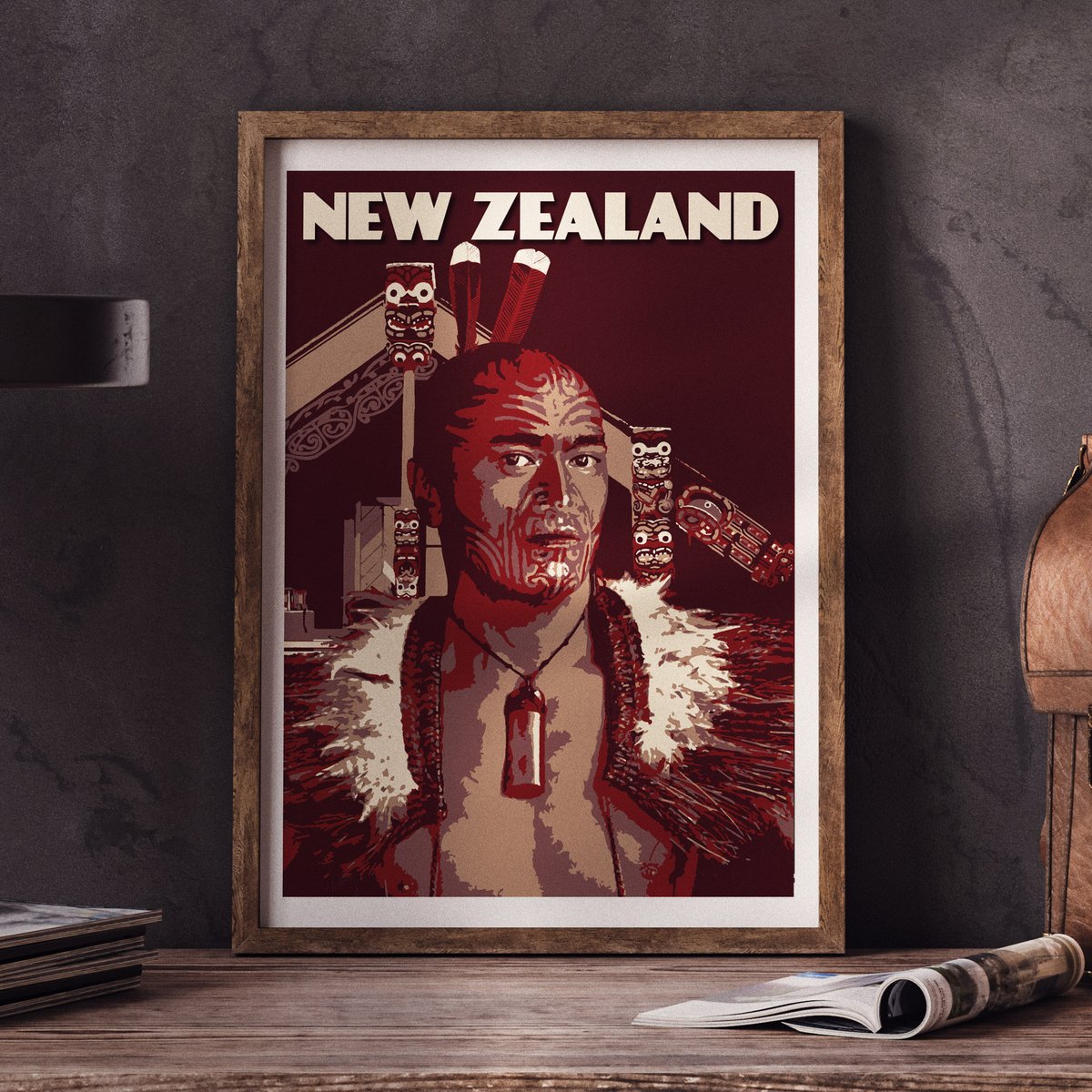 Image of Vintage poster New Zealand - Maori Chief with Tattoo - Maori Wall Art - Fine Art Print