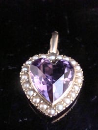 Image 1 of Edwardian 9ct yellow gold amethyst and seed pearl heart pendant