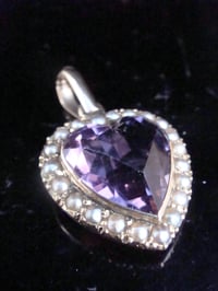 Image 2 of Edwardian 9ct yellow gold amethyst and seed pearl heart pendant