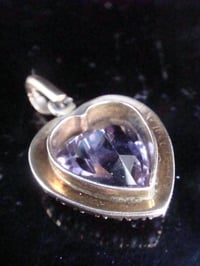 Image 3 of Edwardian 9ct yellow gold amethyst and seed pearl heart pendant