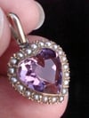 Edwardian 9ct yellow gold amethyst and seed pearl heart pendant
