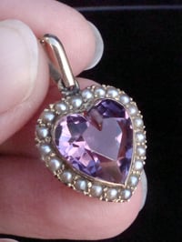 Image 5 of Edwardian 9ct yellow gold amethyst and seed pearl heart pendant