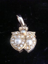 Image 1 of Victorian high carat 15ct yellow gold seed pearl double heart pendant