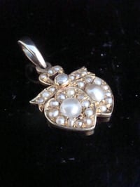 Image 2 of Victorian high carat 15ct yellow gold seed pearl double heart pendant