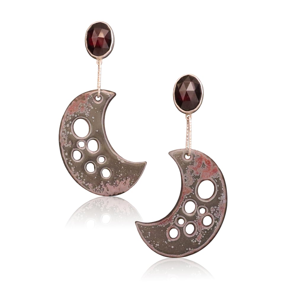 Image of the moon in june - rosecut garnet and enamel earrings