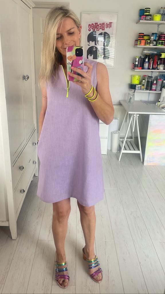 Image of ‘Fallon’ lilac linen dress with a neon yellow zip