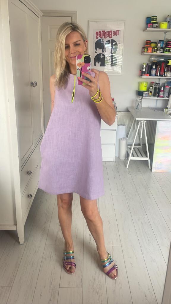 Image of ‘Fallon’ lilac linen dress with a neon yellow zip