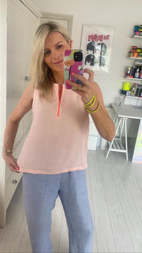 Image of Peach linen top with neon orange zip