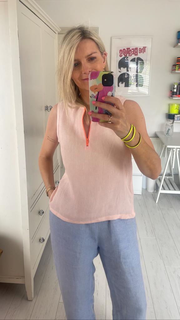 Image of Peach linen top with neon orange zip
