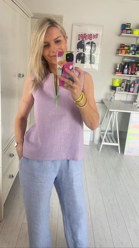 Image of Lilac linen top with neon green zip