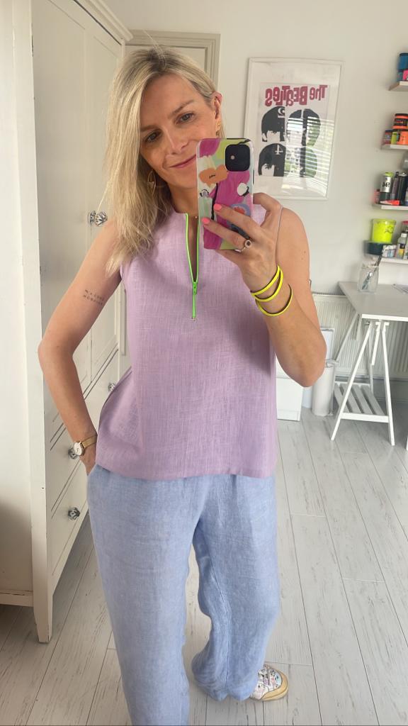 Image of Lilac linen top with neon green zip