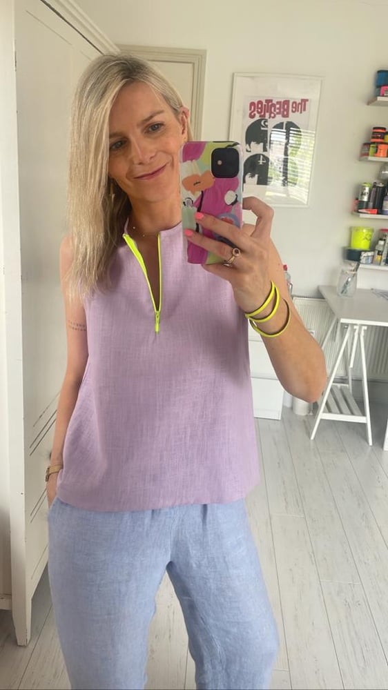 Image of Lilac linen top with neon yellow zip