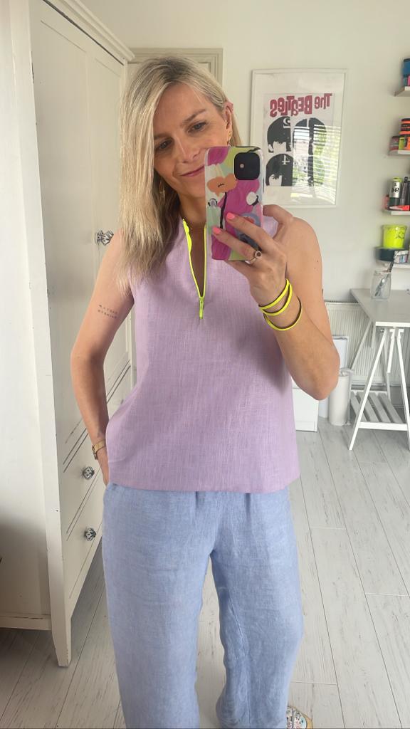 Image of Lilac linen top with neon yellow zip