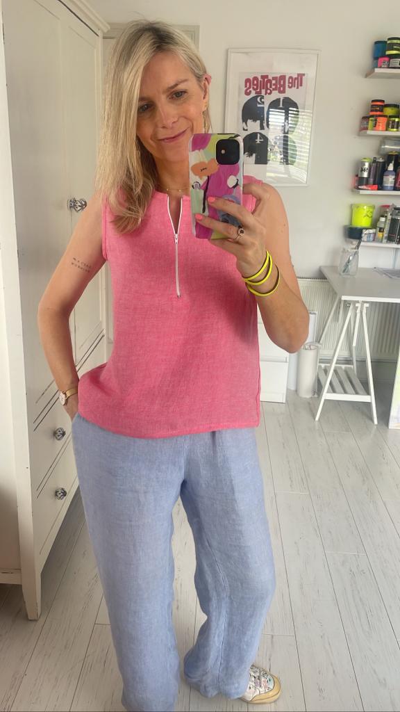 Image of Red linen top with white zip