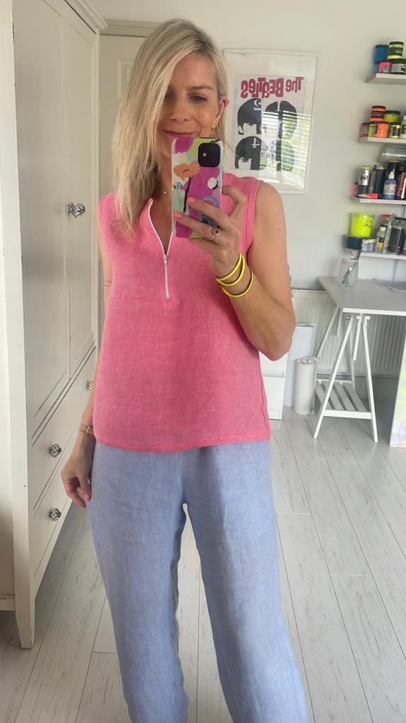 Image of Red linen top with white zip