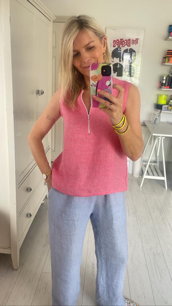 Image of Red linen top with white zip