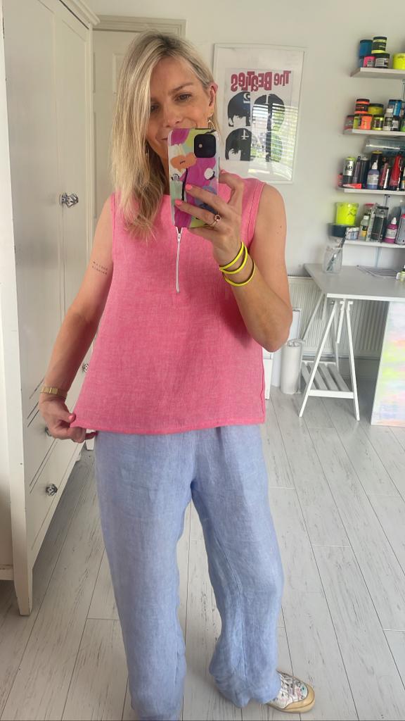 Image of Red linen top with white zip