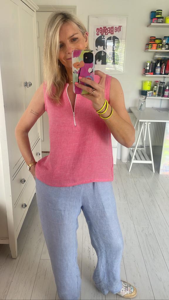 Image of Red linen top with white zip