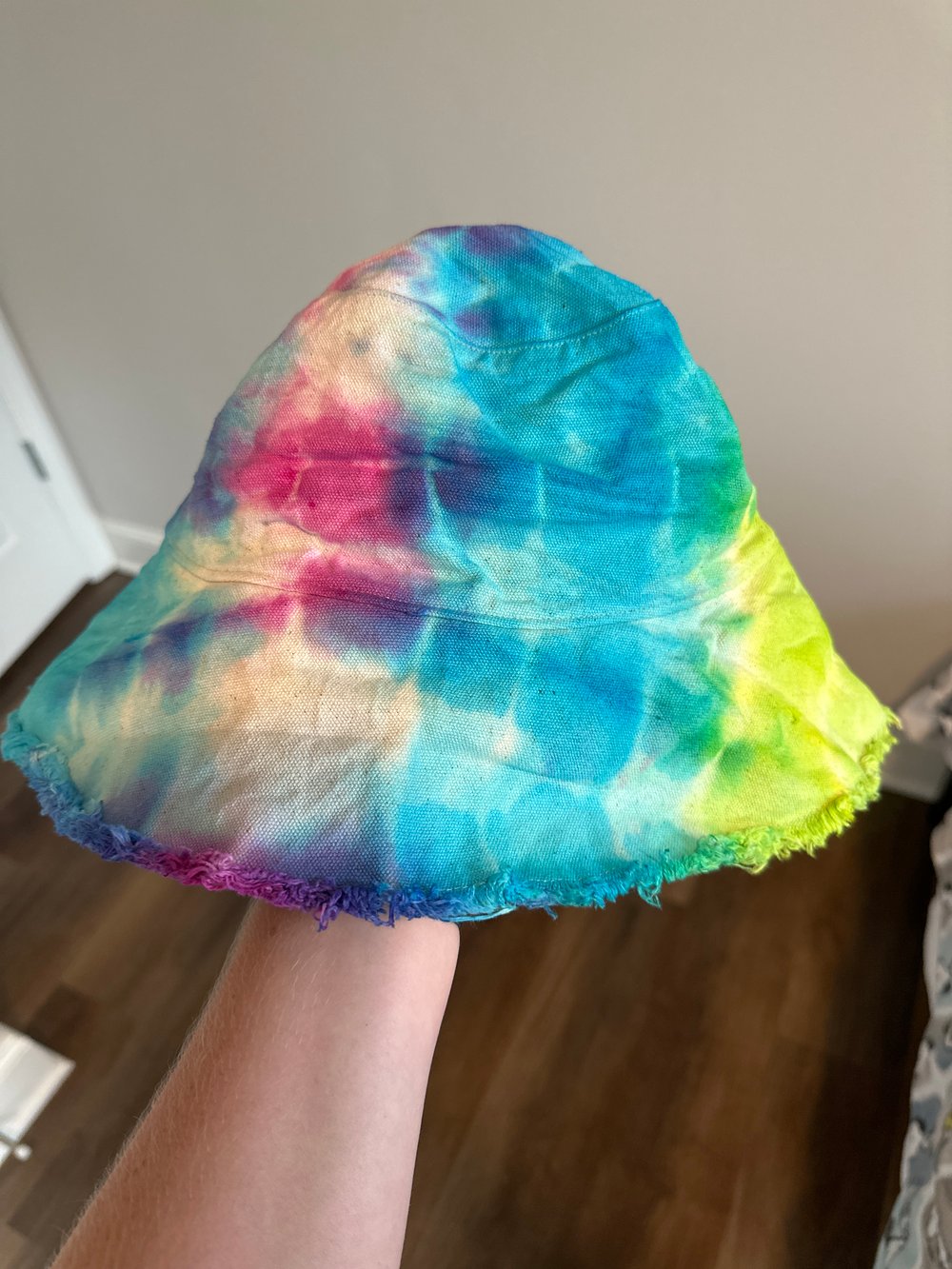 Green blue and pink bucket hat