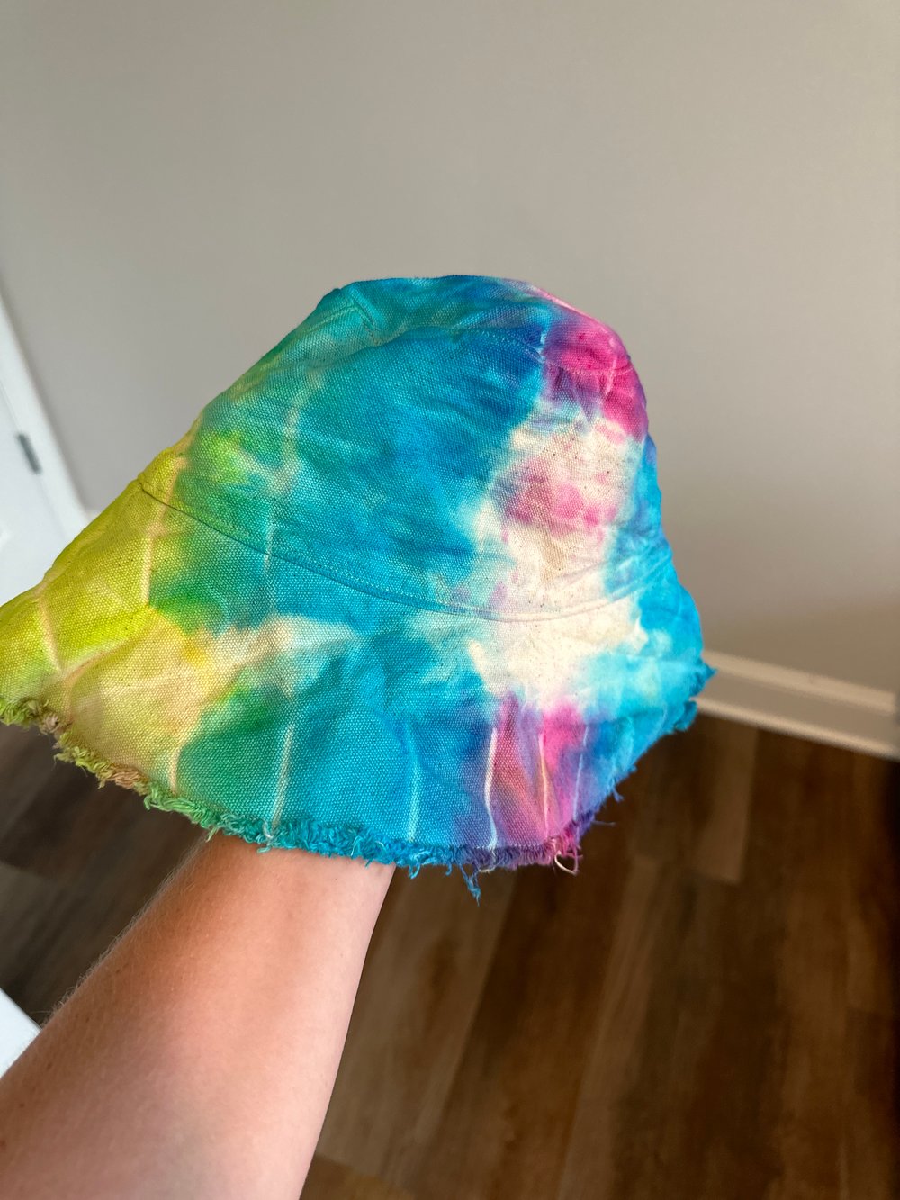 Green blue and pink bucket hat
