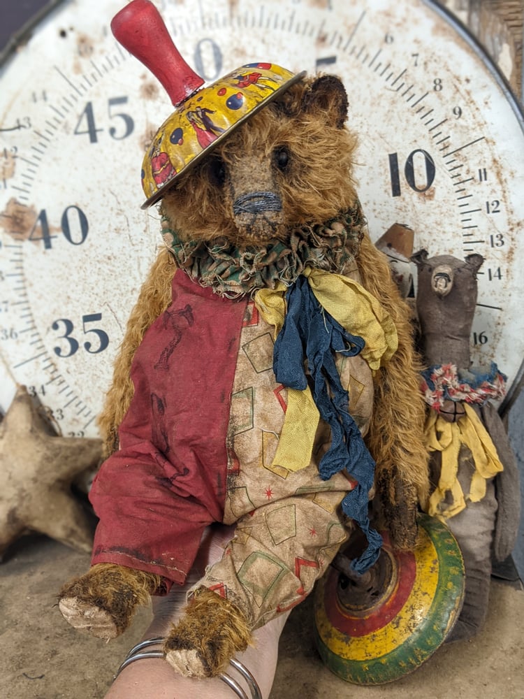 Image of 12.5" - BIGGY  Vintage Mohair Carnival Teddy Bear romper & antique toy "HAT" - By Whendi's Bears