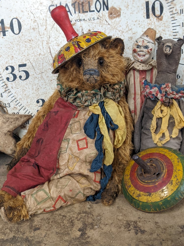 Image of 12.5" - BIGGY  Vintage Mohair Carnival Teddy Bear romper & antique toy "HAT" - By Whendi's Bears
