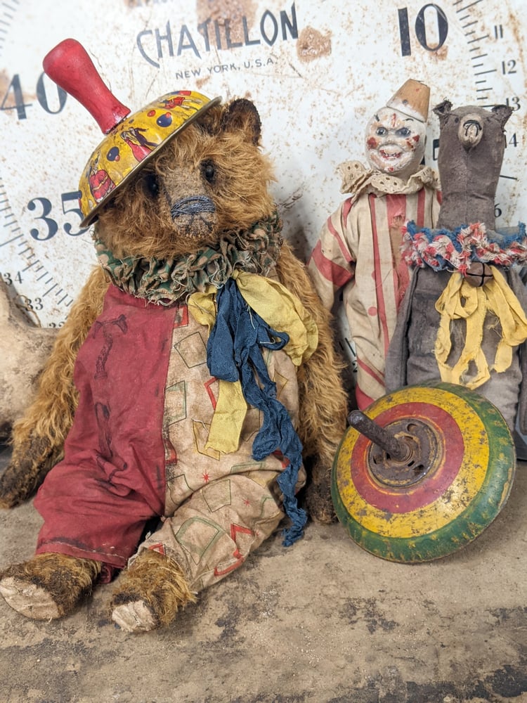 Image of 12.5" - BIGGY  Vintage Mohair Carnival Teddy Bear romper & antique toy "HAT" - By Whendi's Bears