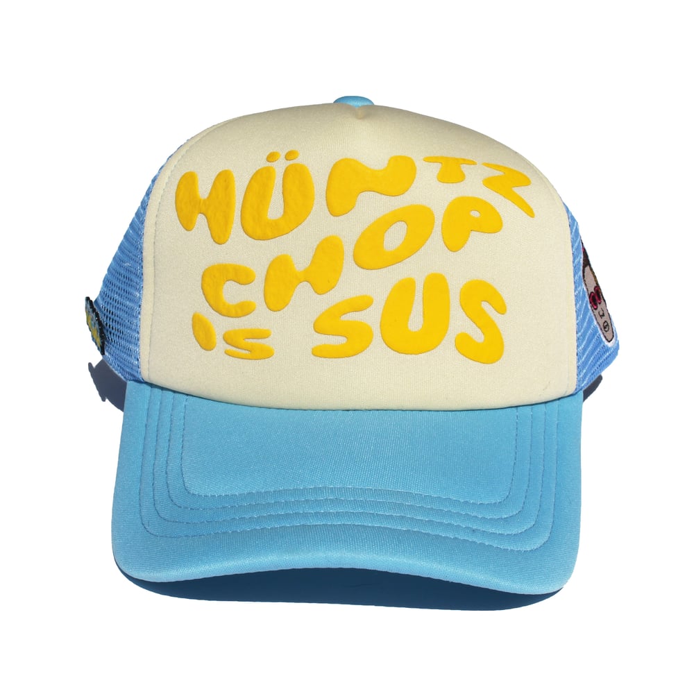 Image of Hüntz Chop is Sus Blue Yellow Trucker Hat