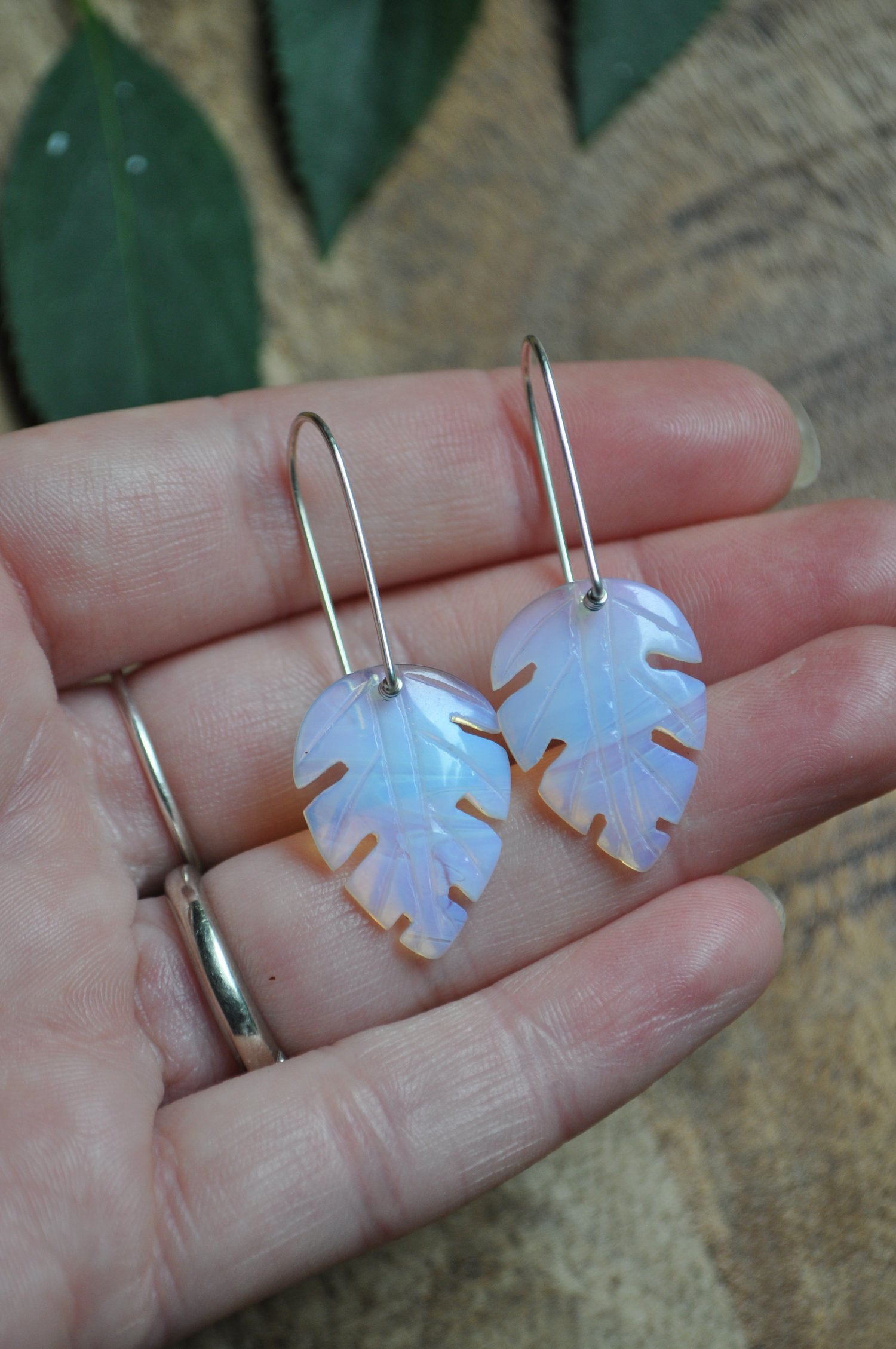 Image of Carved Monstera Leaf Dangles in Opalite
