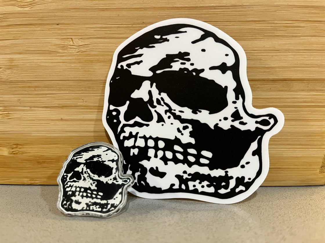 Image of ORCHID Skull Split 1.25" Acrylic Pin and 3" sticker Set 