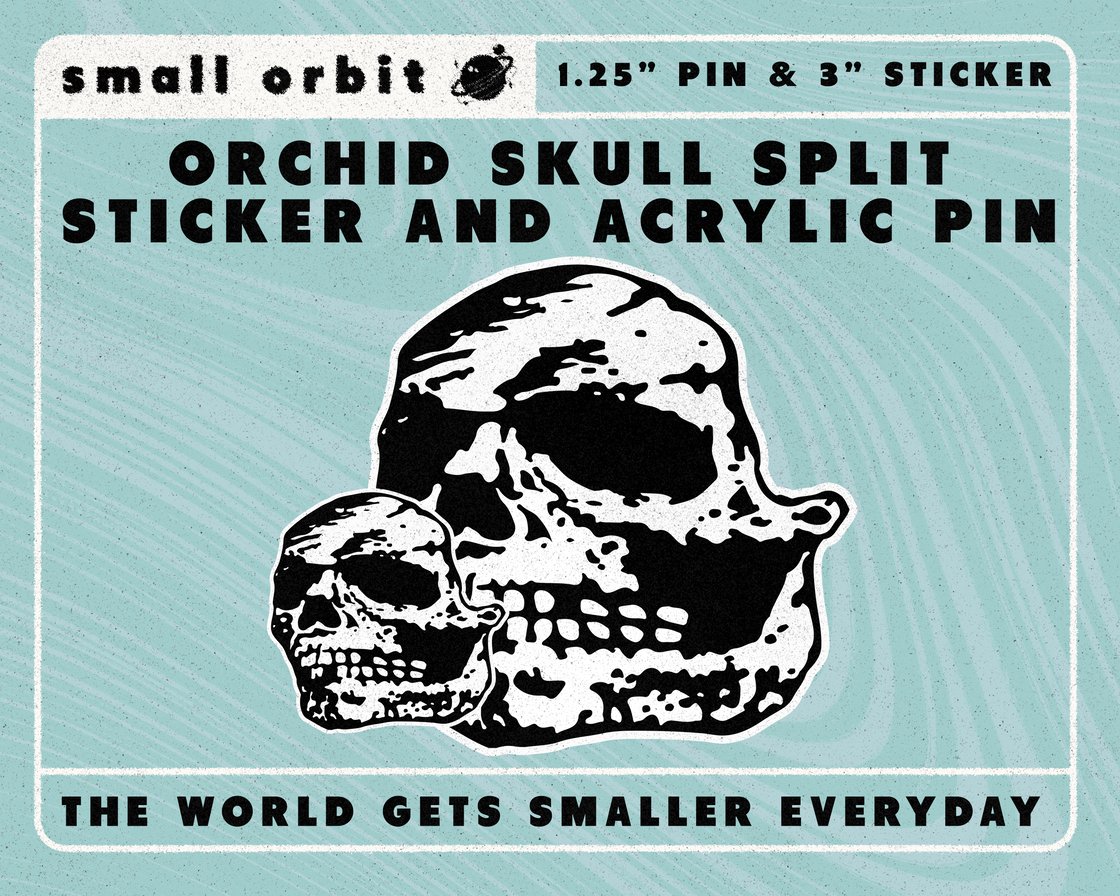 Image of ORCHID Skull Split 1.25" Acrylic Pin and 3" sticker Set 