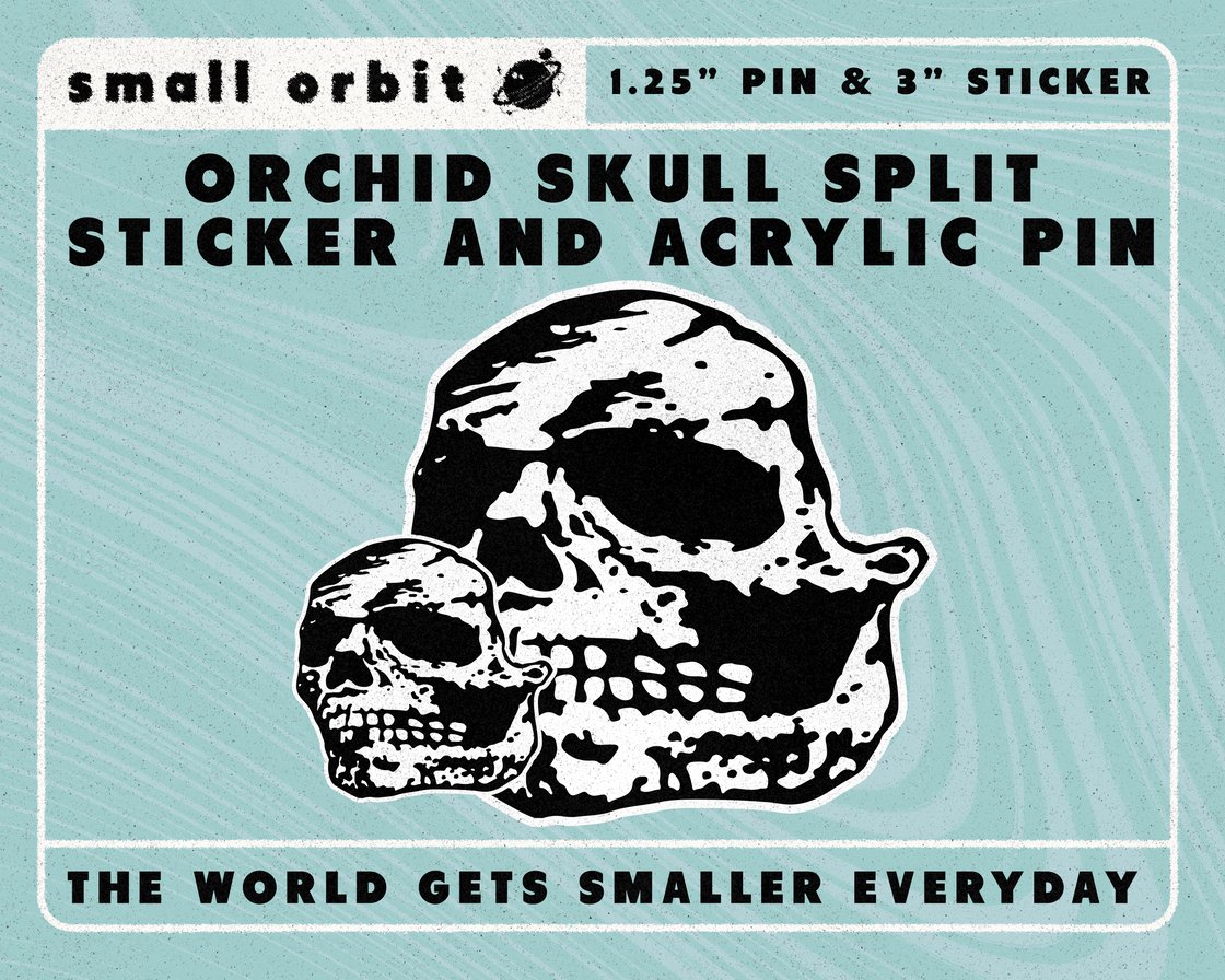 Image of ORCHID Skull Split 1.25" Acrylic Pin and 3" sticker Set