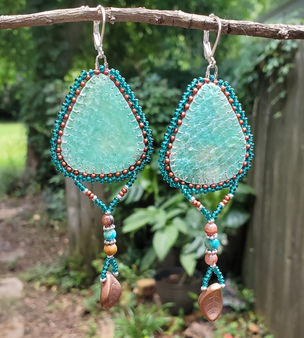 Image of Earth & Sea Beaded Salmon Skin Earrings with Turquoise Jasper