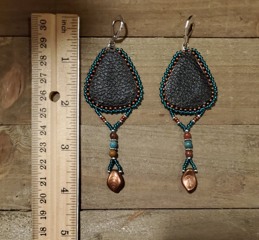 Image of Earth & Sea Beaded Salmon Skin Earrings with Turquoise Jasper