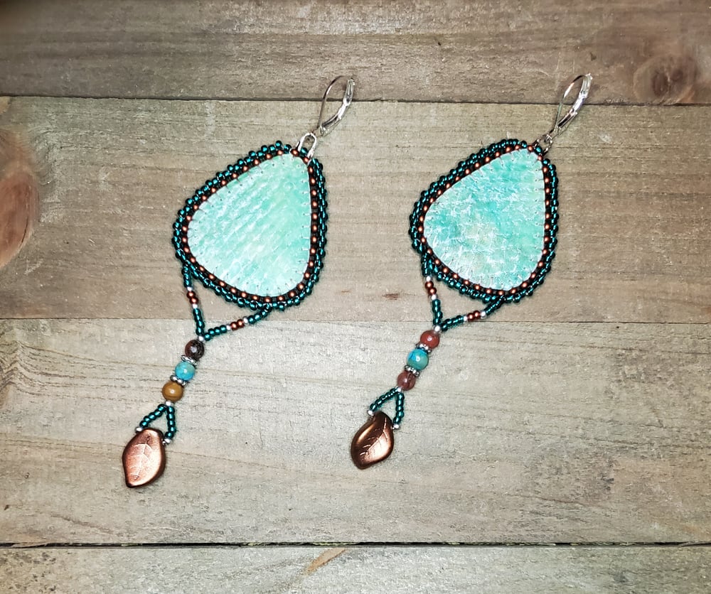 Image of Earth & Sea Beaded Salmon Skin Earrings with Turquoise Jasper