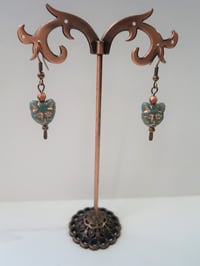 Image 6 of Quirky Cat Face Earrings, Teal & Antique Copper, Pierced or Clip On 