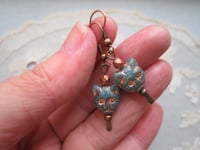 Image 2 of Quirky Cat Face Earrings, Teal & Antique Copper, Pierced or Clip On 