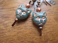 Image 5 of Quirky Cat Face Earrings, Teal & Antique Copper, Pierced or Clip On 