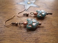 Image 3 of Quirky Cat Face Earrings, Teal & Antique Copper, Pierced or Clip On 