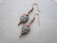 Image 4 of Quirky Cat Face Earrings, Teal & Antique Copper, Pierced or Clip On 