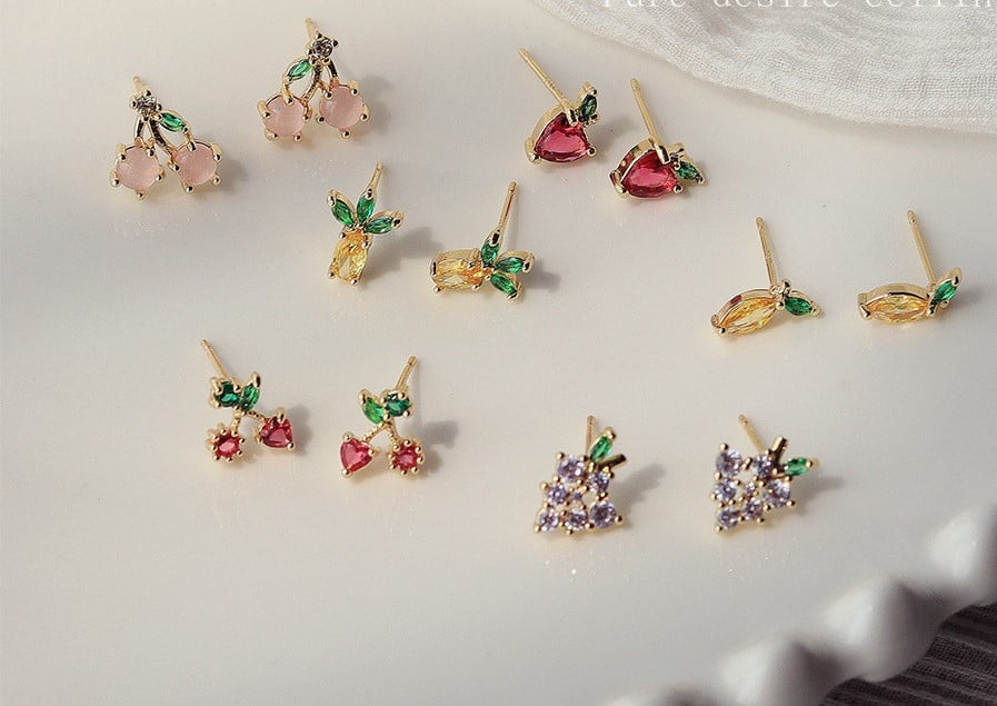 cherry EAR STUDS 樱桃锆石水果耳钉| Silver Luna Studio