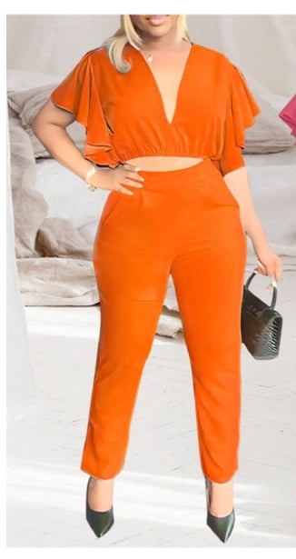 Image of Women Two Piece Outfit Solid Ruffle Sleeve Crop Top