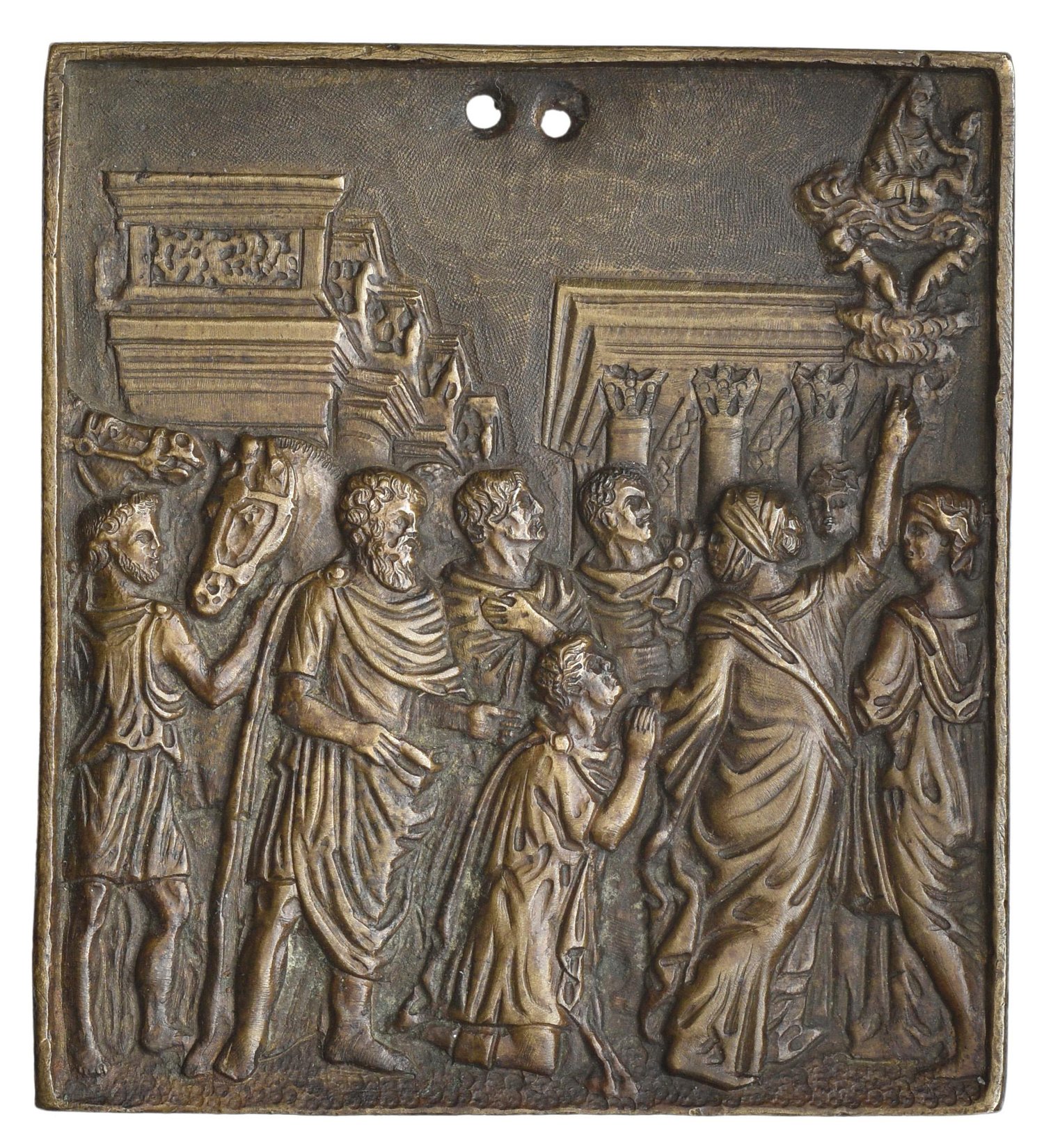 Image of Renaissance bronze plaquette of the Christian legend of Augustus and the Tiburtine Sybil