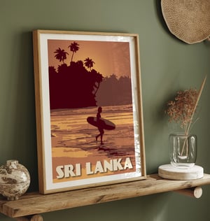 Image of Vintage Poster Sri Lanka - Surfer on the Beach - Yellow - Fine Art Print