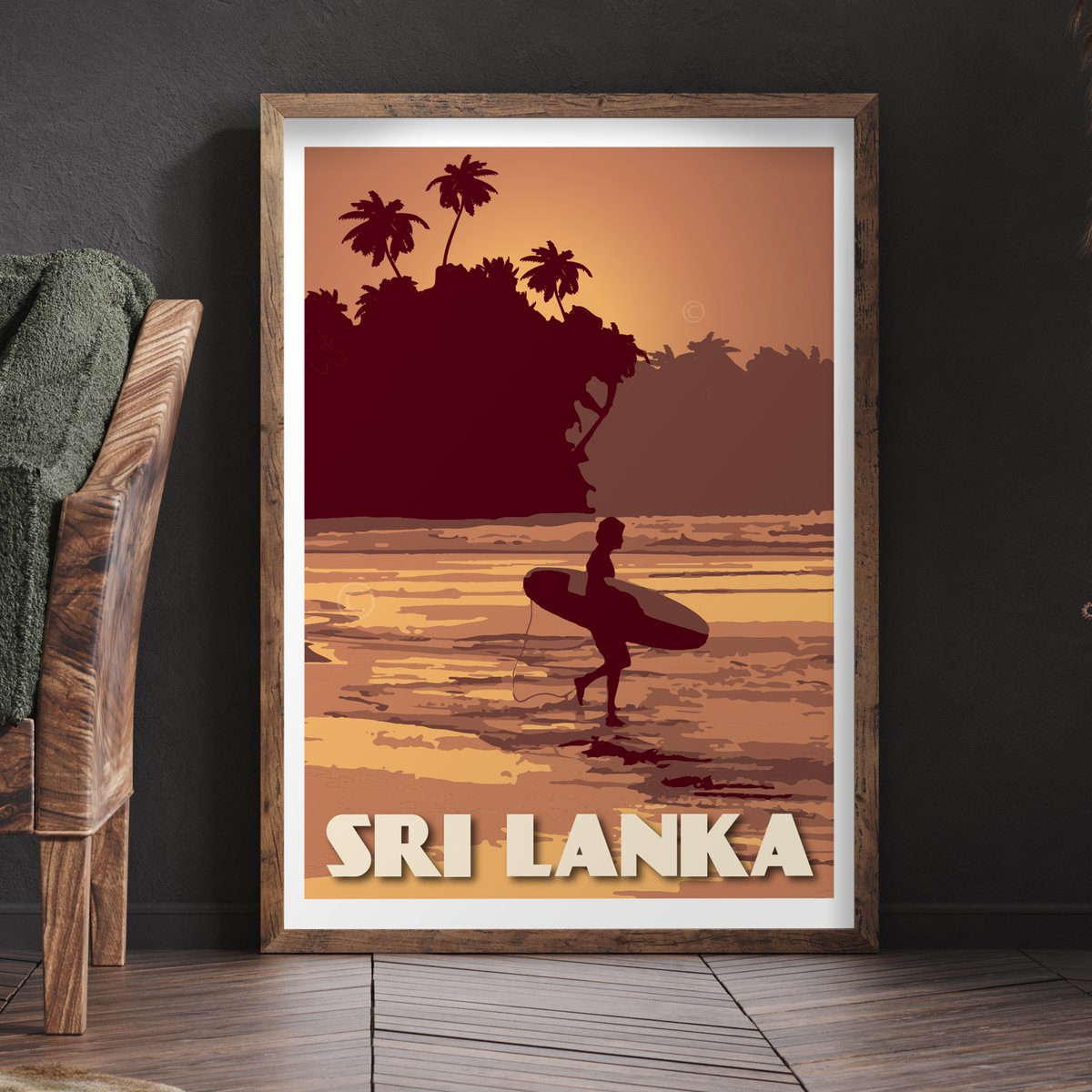 Image of Vintage Poster Sri Lanka - Surfer on the Beach - Yellow - Fine Art Print