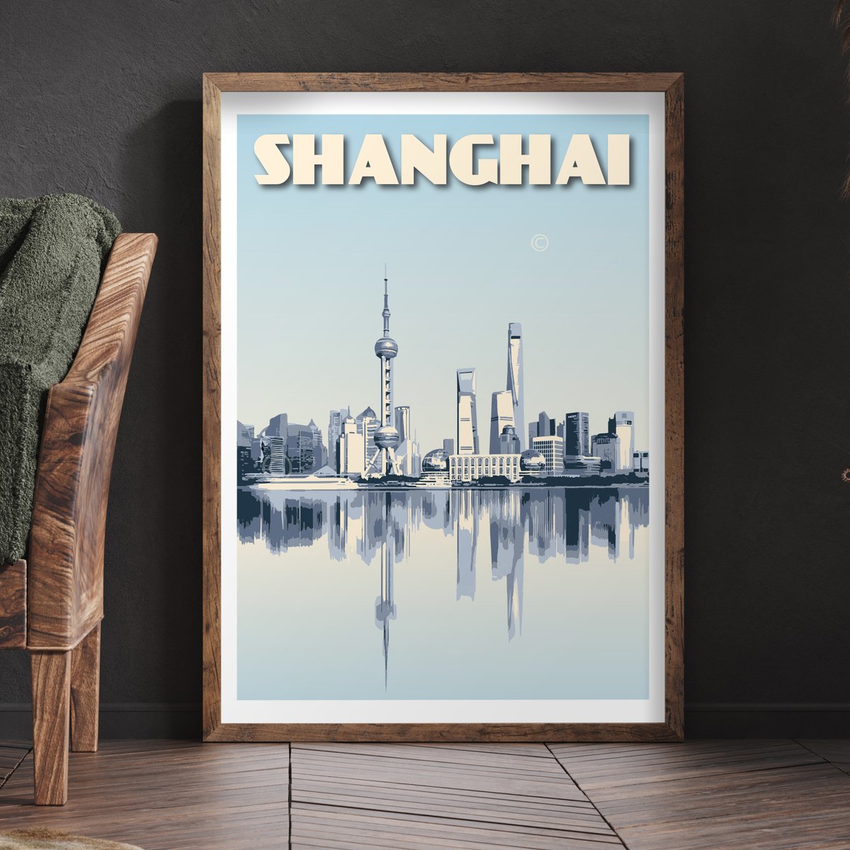 Image of Vintage Poster Shanghai - Shanghai Skyline - Waterfront - Blue - Fine Art Print