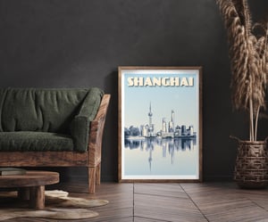 Image of Vintage Poster Shanghai - Shanghai Skyline - Waterfront - Blue - Fine Art Print